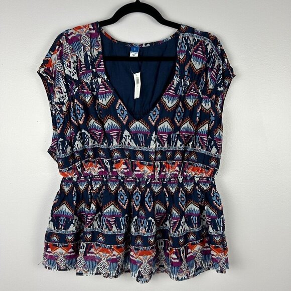 Old Navy Aztec Waist Defined Printed Dolman Sleeve Top Large Blue NWT - Picture 4 of 15